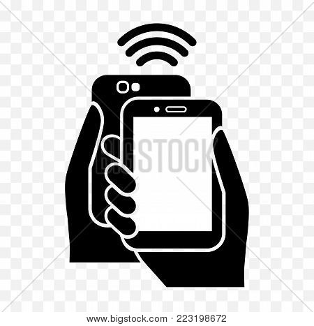 data exchange smartphone, hands holding smartphones icon