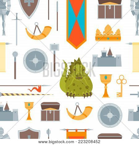 Cartoon Symbol Of Mediaeval Seamless Pattern Background on a White Fairytale or Fantasy Concept Flat Style Design. Vector illustration