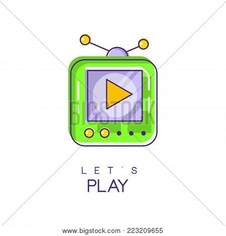 Electronic gadget logo. Game console icon in linear style with green and purple fill. Play device. Digital technology concept. Design for mobile app or web site. Vector illustration isolated on white.