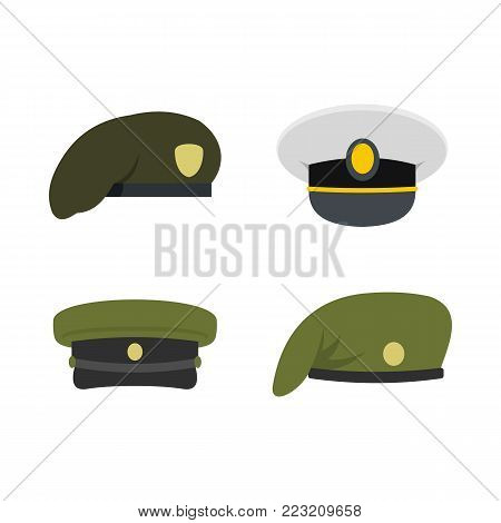 Military cap icon set. Flat set of military cap vector icons for web design isolated on white background