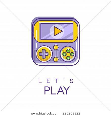 Nintendo game logo in line style with purple and yellow fill. Digital technology concept. Design for mobile app icon, gadget store, developer company. Vector illustration isolated on white background.