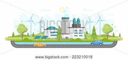 Eco-friendly plant - modern flat design style vector illustration on white urban background. A composition with a big factory, solar panels, windmills, trees, cars on the road