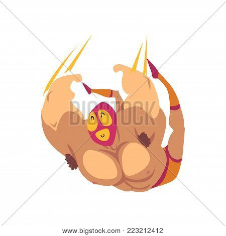 Funny wrestler in flying action. Mixed martial artist. Combat sport concept. Cartoon strong man character in red-orange mask, shorts and socks. Flat vector illustration isolated on white background.