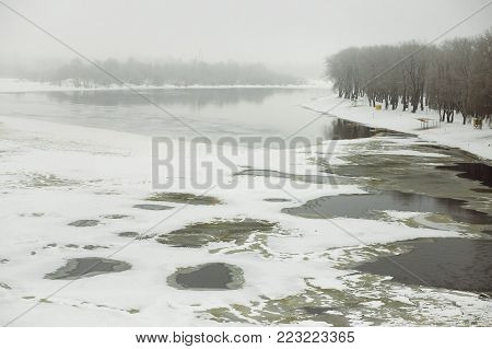 GOMEL, BELARUS - January . the river Sozh. City beach in winter time
