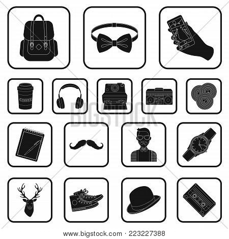 Style Hipster black icons in set collection for design. Hipster Attributes and accessories vector symbol stock  illustration.
