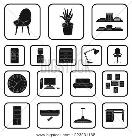 Interior of the workplace black icons in set collection for design. Office furniture vector symbol stock  illustration.