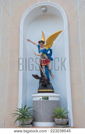 Tha-rae District, Sakon Nakhon, Thailand - September 23, 2017: Archangel Michael Statue In Sakon Nak