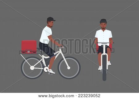 Smiling delivery man riding bicycle. Male cyclist delivering parcel. Courier boy in cap pedal modern bike isolated on white background. Front and side views. Vector illustration in flat cartoon style