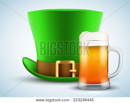 St. Patrick green hat with beer mug. Design Element for Saint Patricks day. Symbol of Irish holiday. Vector illustration isolated on white background.