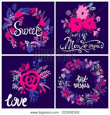 Vector kit of greeting card. My love, sweet, best wishes. Colorful floral design. Cute composition with abstract blooming elements. Best collection for Valentines day, Happy Birthday.