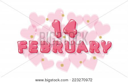 February 14 pink glossy letters. Valentines card with transpatent hearts and glitter polka dots. Vector.