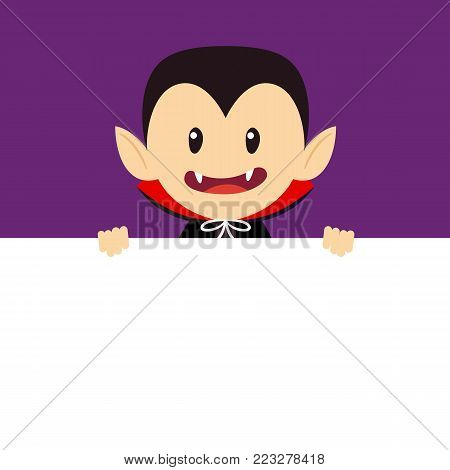 Vampire character holding empty blank signboard banner.Halloween concept. Vector stock.
