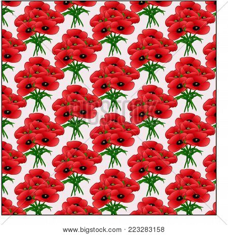 pattern from bouquets of red poppies on a light pink background