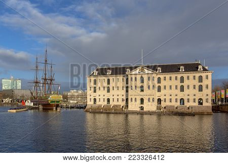 Amsterdam, Netherlands - December 29, 2016: The Famous Maritime Museum Or Scheepvaartmuseum In The U