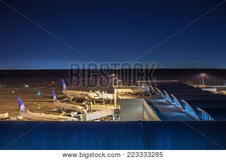 Houston, Tx - January 14, 2018 -  Aircrafts From United Airlines Docked At Terminal E At George Bush