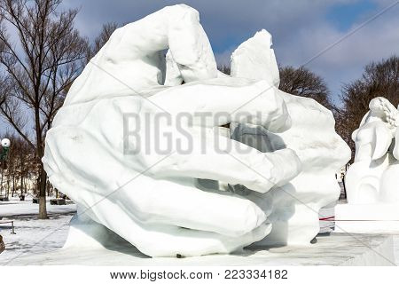 Harbin, China - February 2013: Snow sculptures in the 25th China Harbin Sun Island International Snow Sculpture Art Expo. Located in Harbin City, Heilongjiang, China.