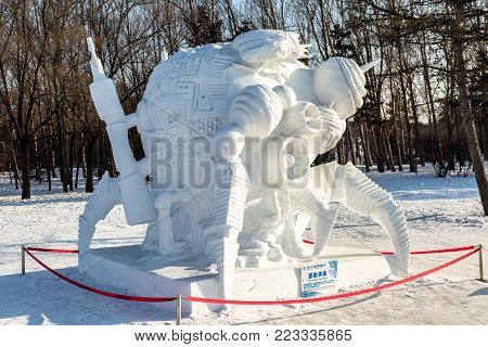 Hearbin, China - January 2015: Snow sculptures in the 27th China Harbin Sun Island International Snow Sculpture Art Expo. Located in Harbin City, Heilongjiang, China.