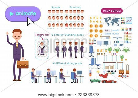 Big set for animating business advertising. Young businessman in a purple suit holds a briefcase and waves his hand. On a white background