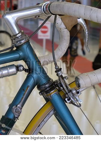 Bangkok, Thailand - November 23, 2012: Vintage bicycle component CAMPAGNOLO: Shifter, Handler bar, Headset, Brake equipped on Italian bicycle MASI display at A Day Bike Fest 2012, Bangkok