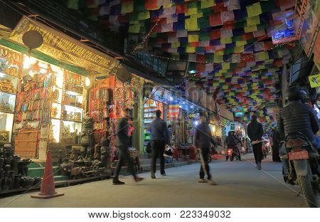 Kathmandu Nepal - November 10, 2017: Unidentified People Visit Thamel Shopping Street In Kathmandu N