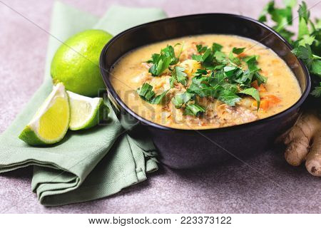 Indian Mulligatawny Soup With Lentil, Parsley. Copyspace, Top View.