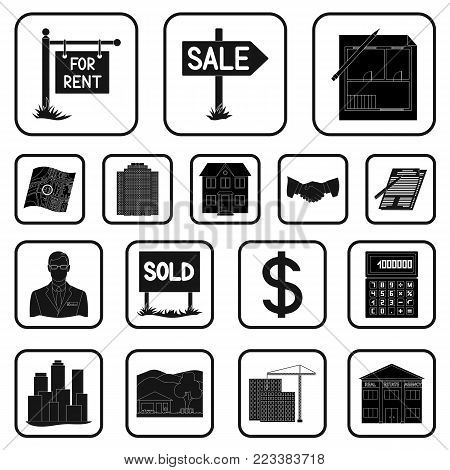 Realtor, agency black icons in set collection for design. Buying and selling real estate vector symbol stock  illustration.