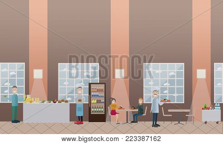 Vector illustration of students having lunch break, school cooks with fast food. School canteen or dining room interior with furniture. School concept flat style design elements.