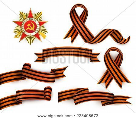 Set of realistic Saint George ribbons and Order of Patriotic War, symbols of Russian Victory day, vector illustration isolated in white background. Russian Georgian ribbons and order of patriotic war