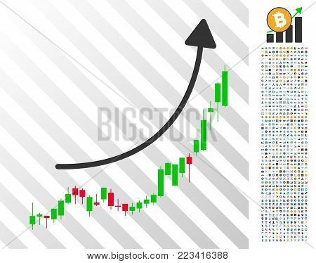 Candlestick Chart Growth Trend pictograph with 700 bonus bitcoin mining and blockchain images. Vector illustration style is flat iconic symbols designed for crypto currency websites.