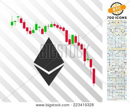 Ethereum Fall Chart icon with 700 bonus bitcoin mining and blockchain icons. Vector illustration style is flat iconic symbols designed for cryptocurrency software.