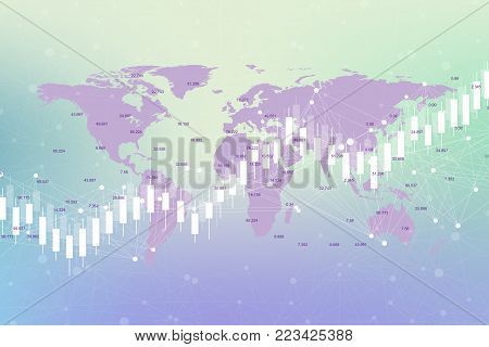 Business candle stick graph chart of stock market investment trading on World map background design. Stock market chart. Bullish point, Trend of graph. Vector illustration