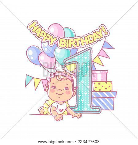 One year girl  near large number 1. First year celebration. Little girl's birthday. Cute toddler girl wearing tutu skirt. Air balloons, gifts, crown, bright color. Party. Vector illustration.