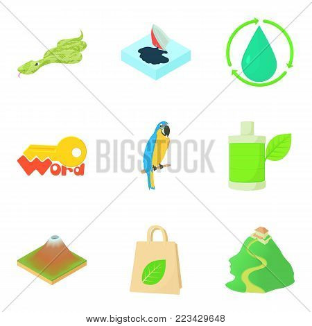 Green ecology icons set. Cartoon set of 9 green ecology vector icons for web isolated on white background