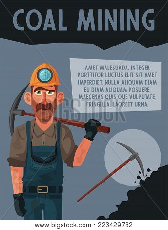 Coal mining. Miner character and tools. Cartoon vector illustration. Extraction industry. Worker's equipment.