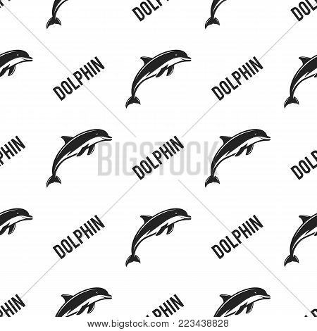 Dolphin seamless with typography sign. Wild animal wallpaper. Stock vector pattern isolated on white background. Retro monochrome design. Vintage hand drawn effect.