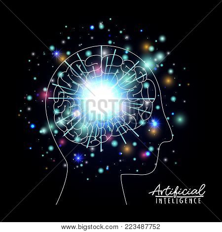 artificial intelligence poster human head silhouette side view with brain in transparency over black background with sparkles vector illustration