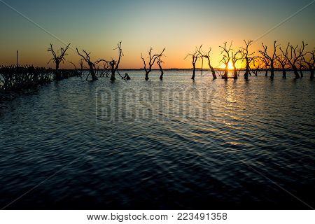 Sunset In The Flooded City Of Epecuen In Buenos Aires