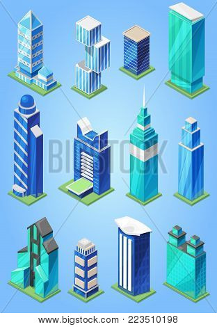Building skyscraper in cityscape vector city skyline and business officebuilding of commercial company and build architecture to high sky set illustration isolated on background.