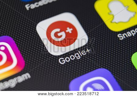 Sankt-Petersburg, Russia, January 24, 2018: Google plus application icon on Apple iPhone 8 smartphone screen close-up. Google plus app icon . Google+