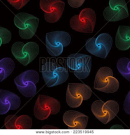 Valentine's Day seamless pattern with colored hearts in optical illusion style, vector background