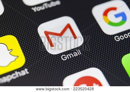 Sankt-Petersburg, Russia, January 24, 2018: Google Gmail application icon on Apple iPhone 8 smartphone screen close-up. Gmail app icon. Gmailis the most popular Internet online e-mail service