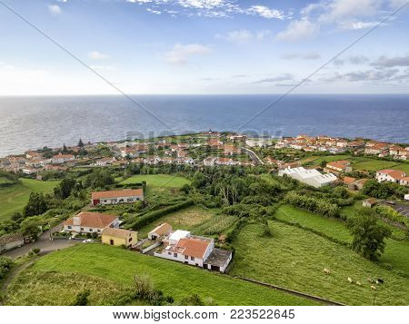 Aerial Shot Of The Coastal Town Of Lajes In Flores, Azores.