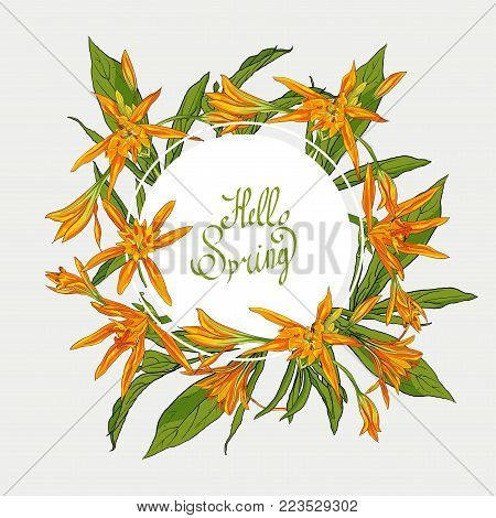 Hand Drawn Flowers Lilies Isolated vector illustration in line art style. round frame, hello spring Template card, invitation, banner, design element.