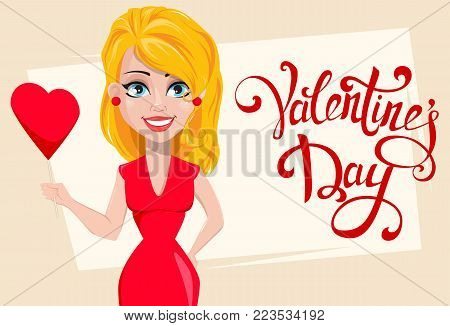 Beautiful woman in red dress holding paper heart. Smiling cartoon character and beautiful lettering. Illustration for Valentine day or Women day. Stock vector