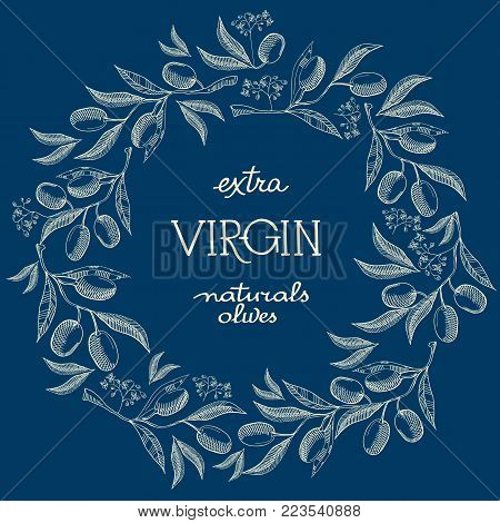 Creative colored foliated wreath with white letters, olives, stem and luxury blossom on blue background hand drawn doodle vector illustration