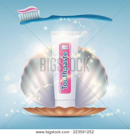 Toothbrush with toothpaste. Tube packaging and seashell. Dental hygiene of teeth. Design of labels. Stock vector illustration.
