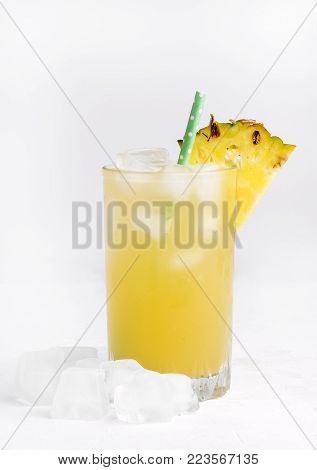 Glass of Cold Pineapple Juice on White Background Summer Detox Diet Concept Cold Drink Close Up Vertical