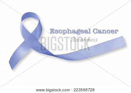 Esophageal Cancer Awareness Periwinkle Color Ribbon On Human Hand With Aged Wood Background: