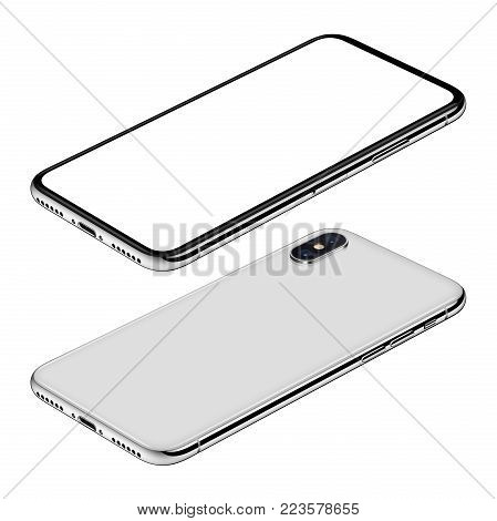 Similar to iPhone X white smartphone isometric mock-up. Frameless smartphone front and back sides isometric view lies on surface. Smartphone Isolated on white background. 3D illustration.