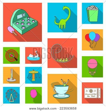 Amusement park flat icons in set collection for design. Equipment and attractions vector symbol stock  illustration.